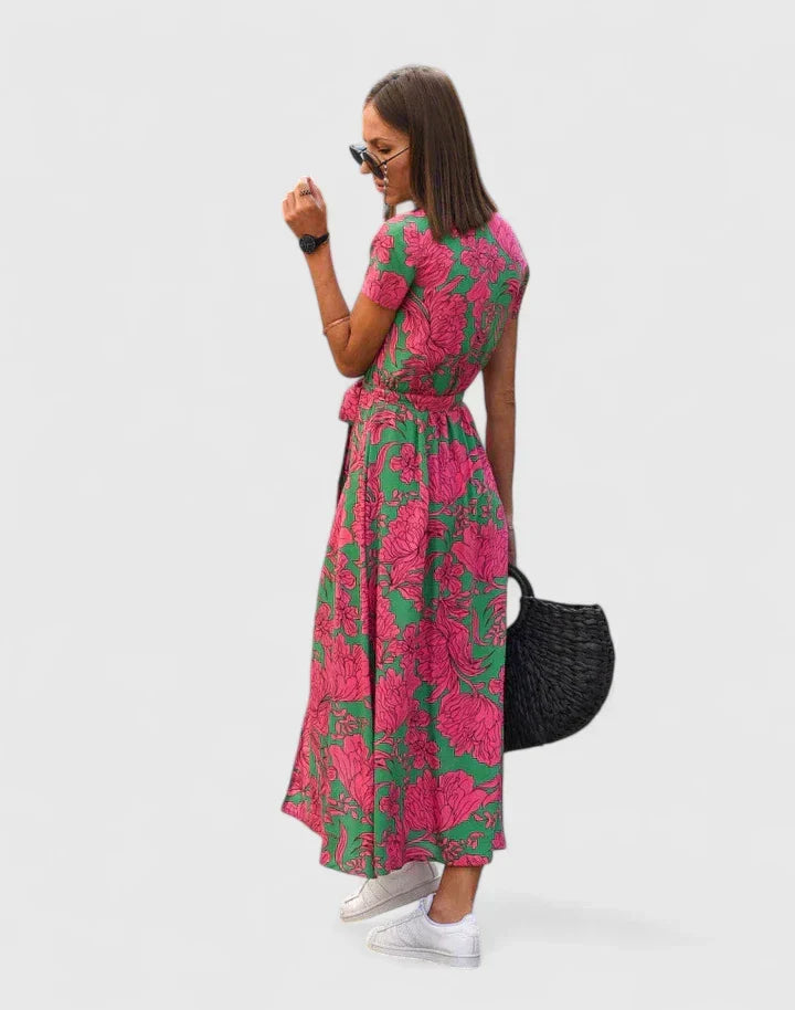Lilac Orange Floral Wrap Puff Sleeve Maxi Dress