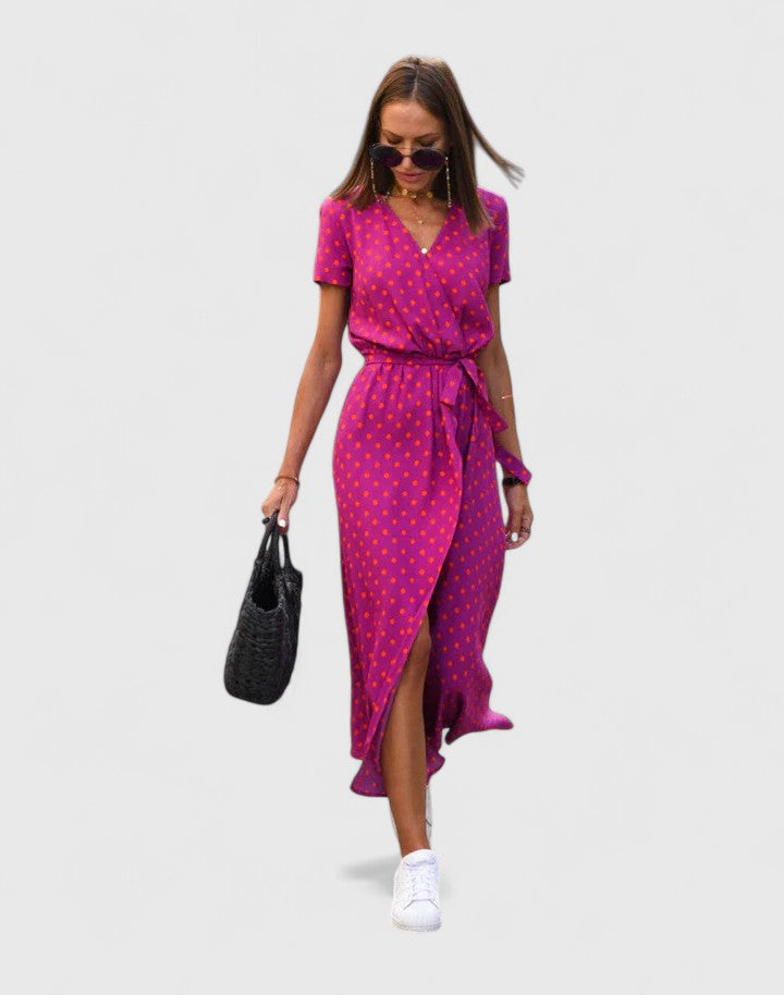 Navy Polka Dot Wrap A-Line Maxi Dress with Slit