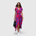 Lilac Orange Floral Wrap Puff Sleeve Maxi Dress