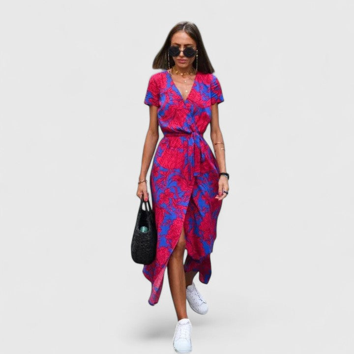 Navy Polka Dot Wrap A-Line Maxi Dress with Slit