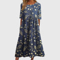 Blue Floral Vine Babydoll Midi Dress with Pockets