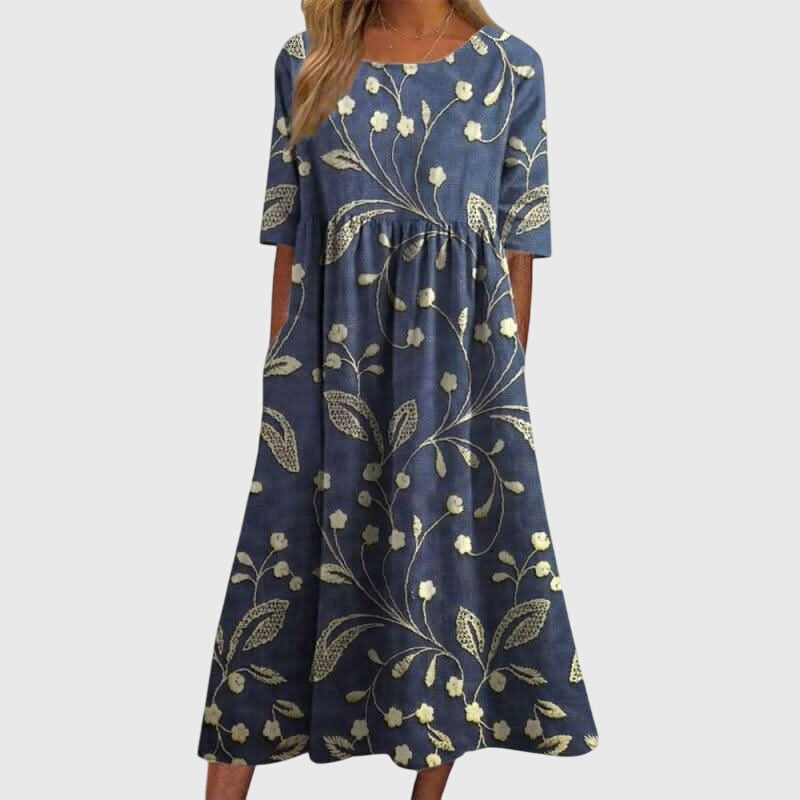 Blue Floral Vine Babydoll Midi Dress with Pockets