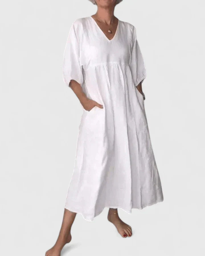 Black V-Neck Balloon Sleeve Linen-Look Midi Dress