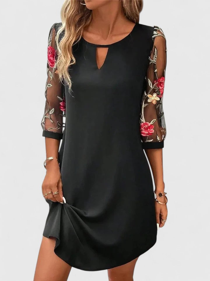 Navy Embroidered Mesh Sleeve Shift Dress - Summer